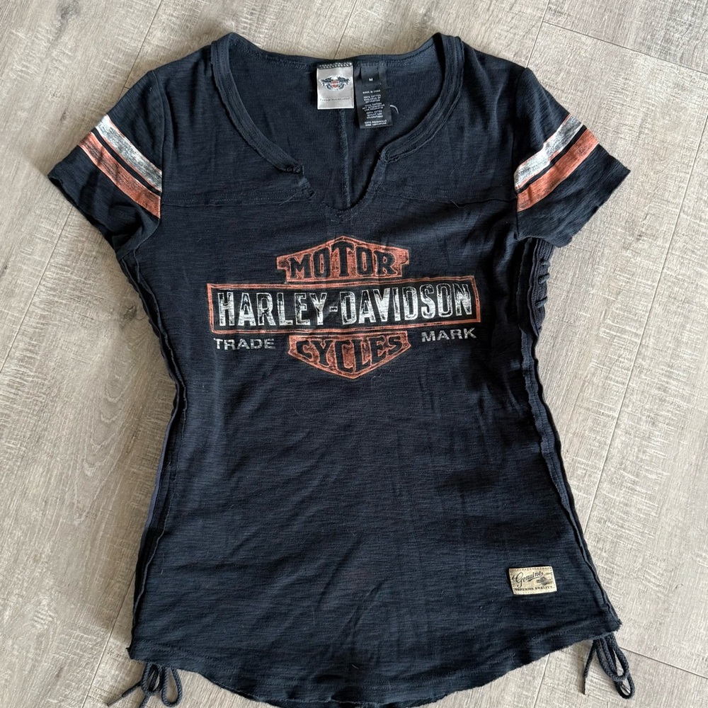 Harley-Davidson Women's Black and Orange V-Neck Tee